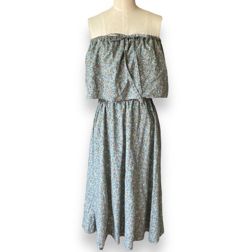 Vintage 70s Robbie Bee Slate Blue Gray Floral Strapless Peasant Day Dress Sz. 12